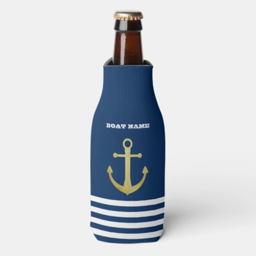 Nautical Gold Anchor  Navy Blue Striped Bottle Cooler