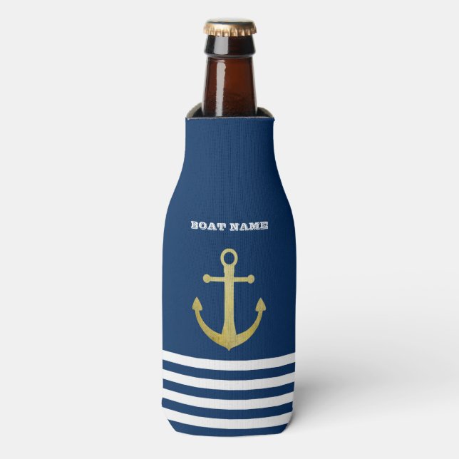 Nautical, Gold Anchor  Navy Blue Striped Bottle Cooler (Bottle Front)