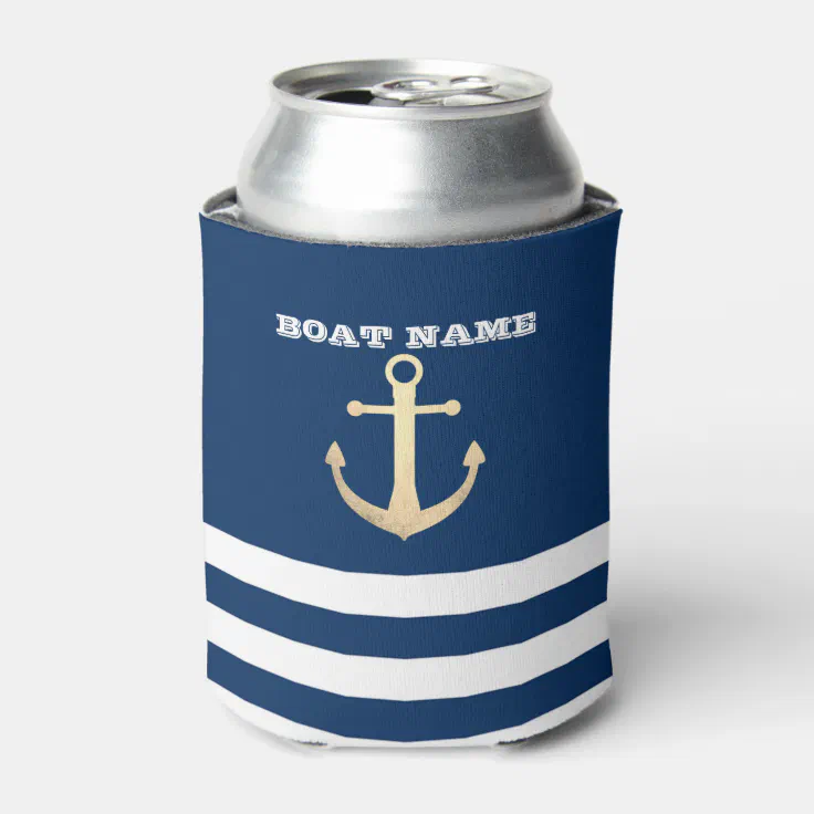 Nautical Gold Anchor Navy Blue Striped Can Cooler Zazzle