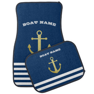 Nautical, Gold Anchor Navy Blue Striped Car Floor Mat