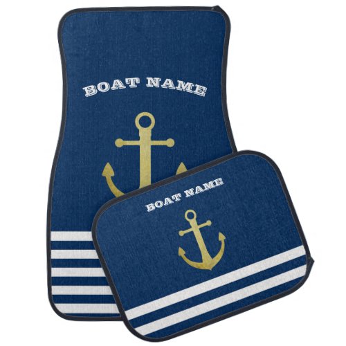 Nautical Gold Anchor  Navy Blue Striped Car Floor Mat