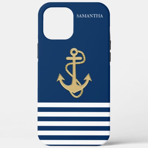 Nautical Gold Anchor  Navy Blue Striped Case_Mate iPhone 12 Pro Max Case