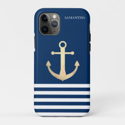 Nautical, Gold Anchor  Navy Blue Striped iPhone 11 Pro Case