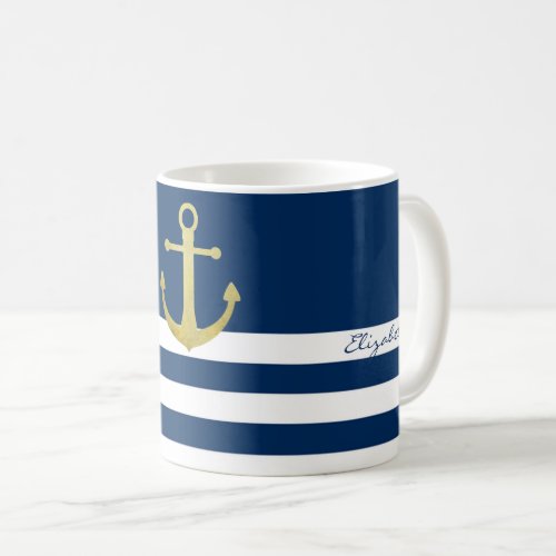 Nautical Gold Anchor Navy Blue Striped Coffee Mug