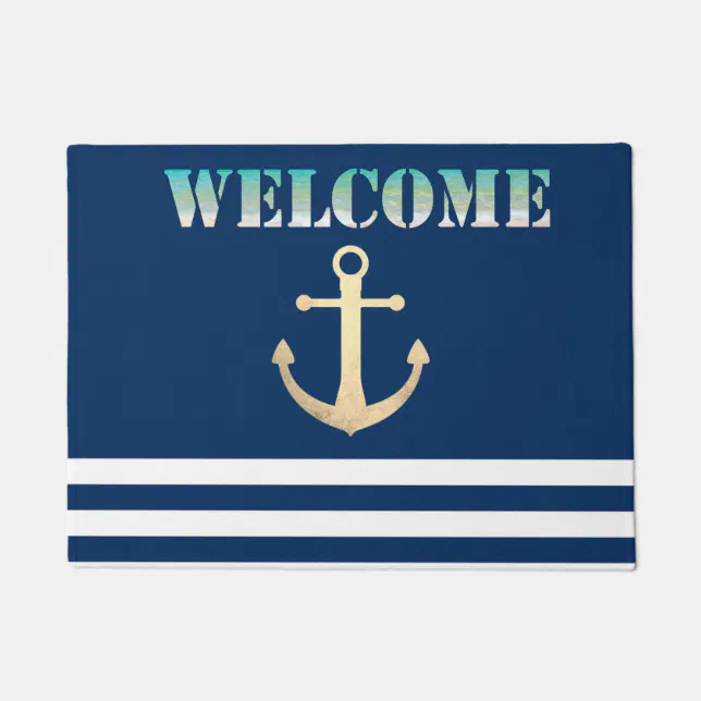 Nautical Gold Anchor Navy Blue Striped Doormat Zazzle