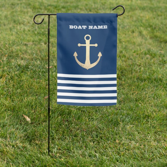 Nautical, Gold Anchor  Navy Blue Striped Garden Flag (In SItu)