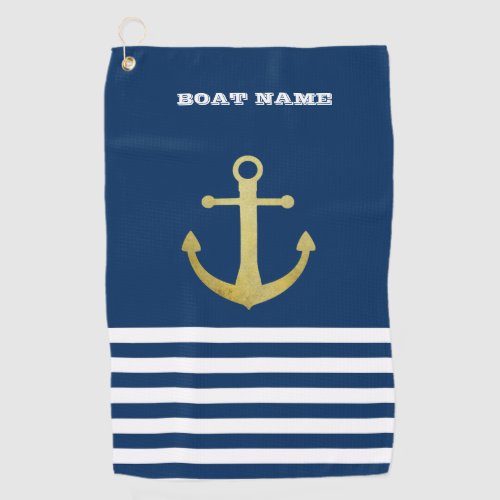 Nautical Gold Anchor  Navy Blue Striped Golf Towel