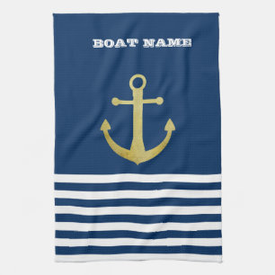 Nautical, Gold Anchor Navy Blue Striped Kitchen Towel