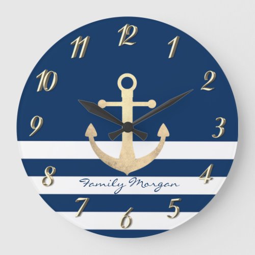 Nautical Gold Anchor Navy Blue Striped Large Clock