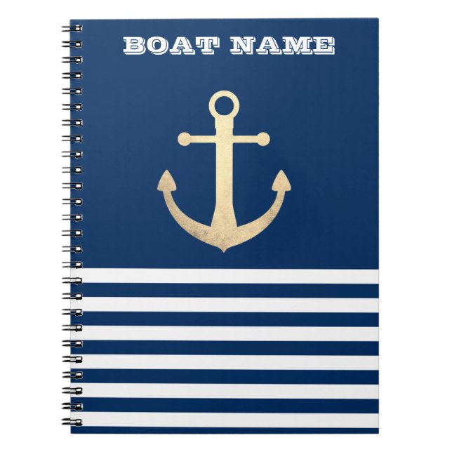 Nautical, Gold Anchor Navy Blue Striped Notebook (Front)
