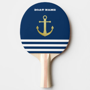 Nautical, Gold Anchor Navy Blue Striped Ping Pong Paddle