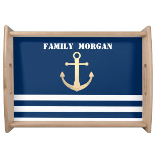 Nautical, Gold Anchor  Navy Blue Striped  Serving Tray
