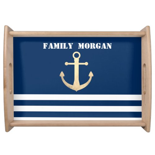 Nautical Gold Anchor  Navy Blue Striped  Serving Tray