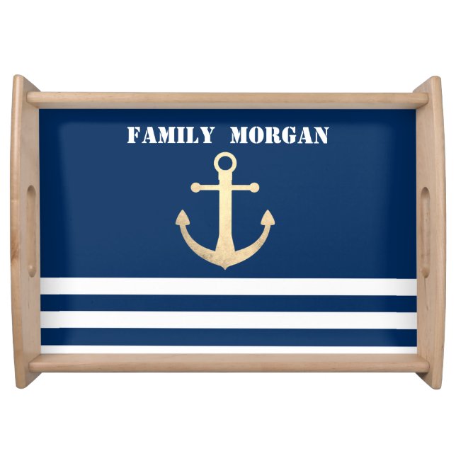 Nautical, Gold Anchor  Navy Blue Striped  Serving Tray (Front)