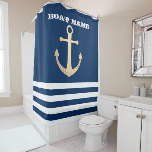 Nautical Gold Anchor  Navy Blue Striped Shower Curtain