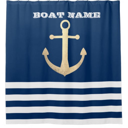 Nautical Gold Anchor Navy Blue Striped Shower Curtain Zazzle