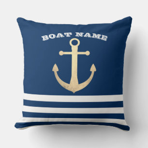 Nautical, Gold Anchor Navy Blue Striped Throw Pillow
