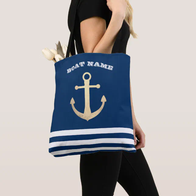 Nautical Gold Anchor Navy Blue Striped Tote Bag Zazzle