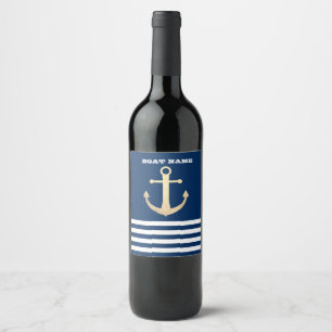 Nautical, Gold Anchor Navy Blue Striped Wine Label