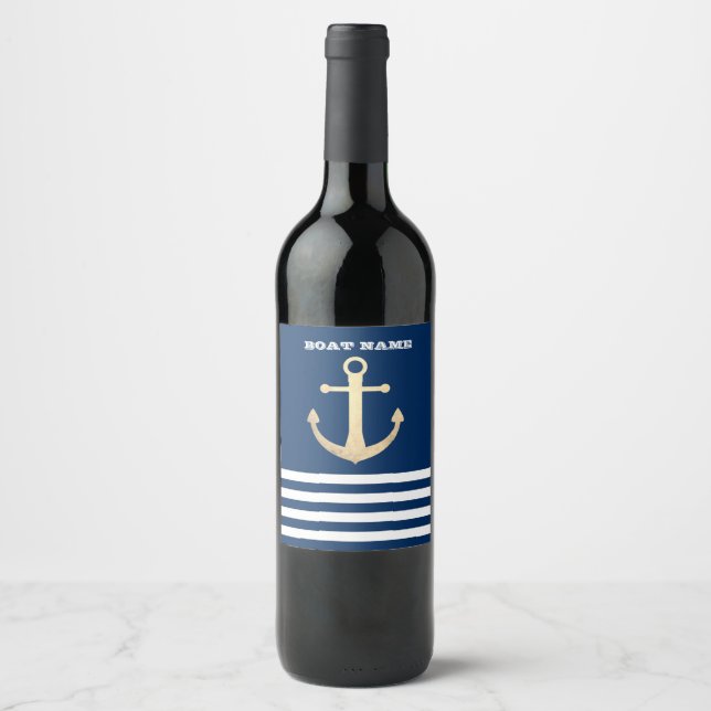 Nautical, Gold Anchor  Navy Blue Striped Wine Label (Front)