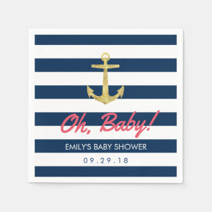 Nautical Gold Anchor Navy Blue Stripes Baby Shower Paper Napkins