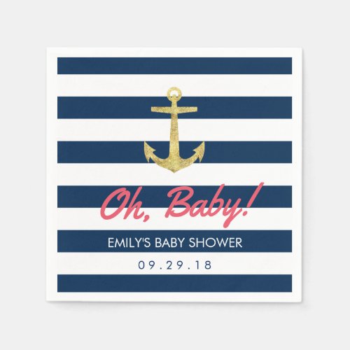 Nautical Gold Anchor Navy Blue Stripes Baby Shower Paper Napkins