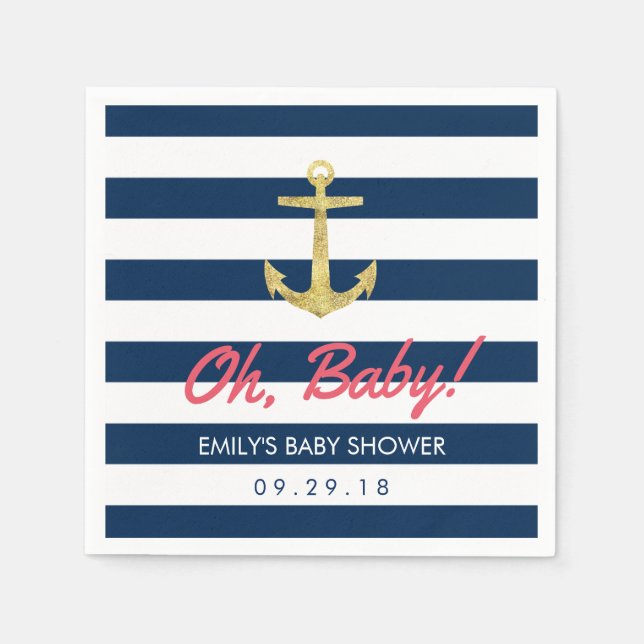 Nautical Gold Anchor Navy Blue Stripes Baby Shower Paper Napkins (Front)