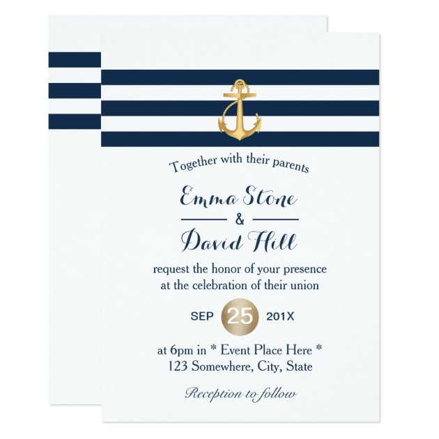 Nautical Gold Anchor Navy Blue Stripes Wedding Invitation