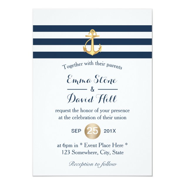 Nautical Gold Anchor Navy Blue Stripes Wedding Invitation