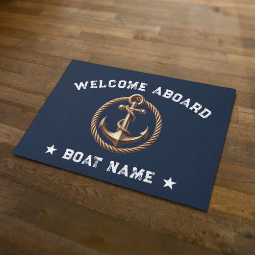 Nautical Gold Anchor Navy Blue Welcome Aboard Boat Doormat