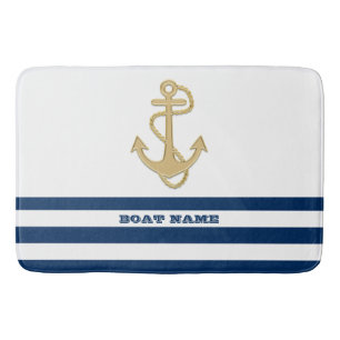 Nautical,Gold Anchor Navy Blue White Stripes Bath Mat