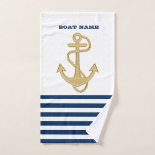 Nautical,Gold Anchor Navy Blue White Stripes Bath Towel Set