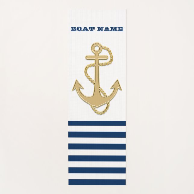 Nautical,Gold Anchor  Navy Blue White Stripes Bath Yoga Mat (Front)