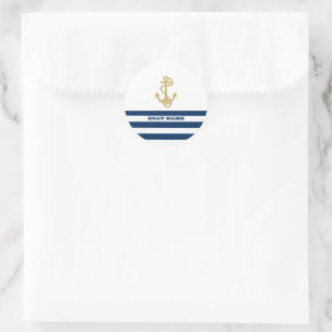 Nautical,Gold Anchor Navy Blue White Stripes Classic Round Sticker