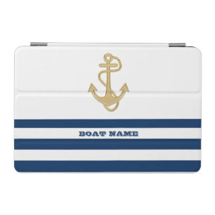 Nautical,Gold Anchor Navy Blue White Stripes iPad Mini Cover