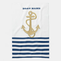 Nautical,Gold Anchor Navy Blue White Stripes