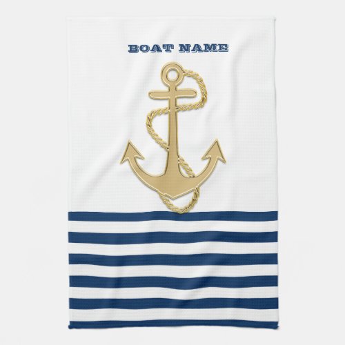 NauticalGold Anchor  Navy Blue White Stripes  Kitchen Towel