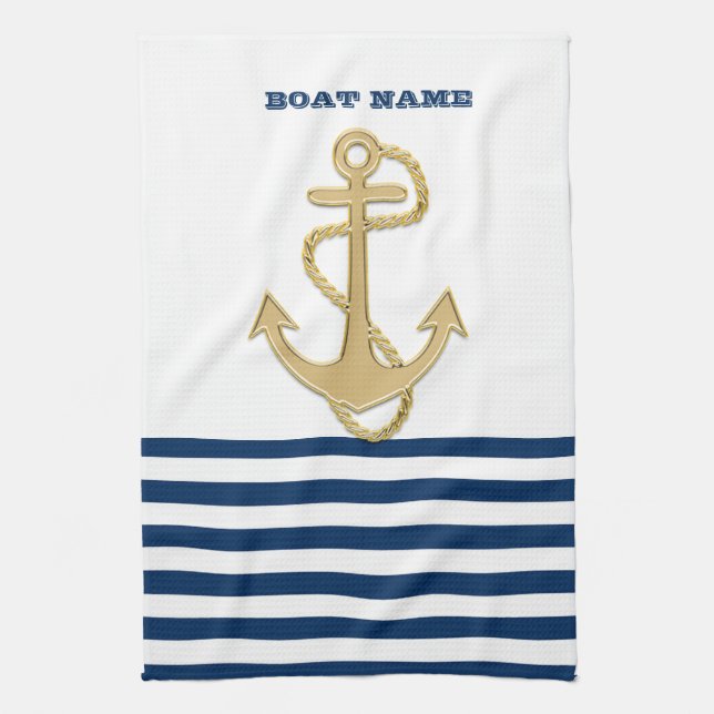 Nautical,Gold Anchor  Navy Blue White Stripes  Kitchen Towel (Vertical)