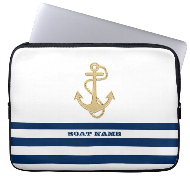 Nautical,Gold Anchor  Navy Blue White Stripes  Laptop Sleeve (Front)