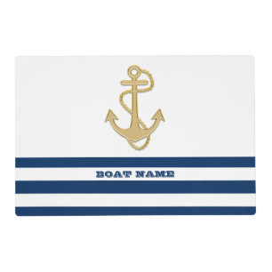 Nautical,Gold Anchor Navy Blue White Stripes Placemat
