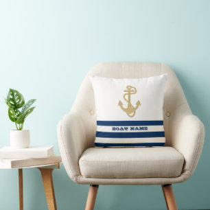 Nautical,Gold Anchor Navy Blue White Stripes Throw Pillow