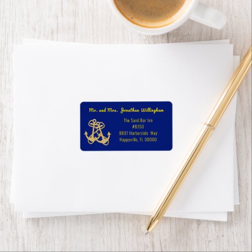 Nautical Gold Anchor Navy Blue Wide Address Labels