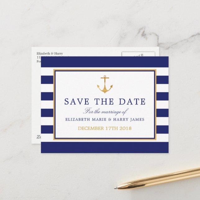 Nautical Gold Anchor, Navy & Gold Save The Date Announcement Postcard (Front/Back In Situ)