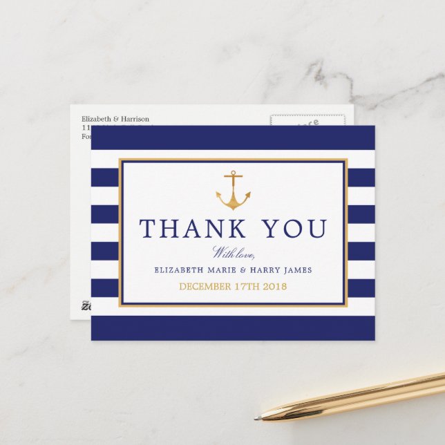 Nautical Gold Anchor, Navy & Gold Thank You Postcard (Front/Back In Situ)