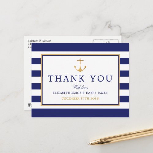 Nautical Gold Anchor Navy  Gold Thank You Postcard