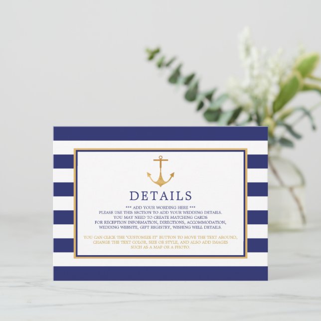 Nautical Gold Anchor, Navy & Gold Wedding Detail Enclosure Card (Standing Front)