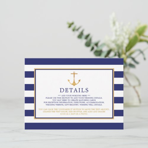 Nautical Gold Anchor Navy  Gold Wedding Detail Enclosure Card