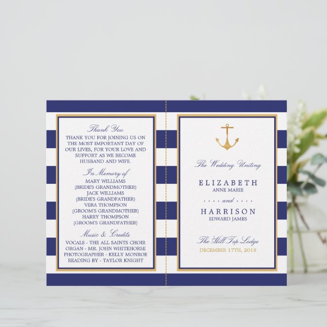 Nautical Gold Anchor, Navy/Gold Wedding Programme (Standing Front)