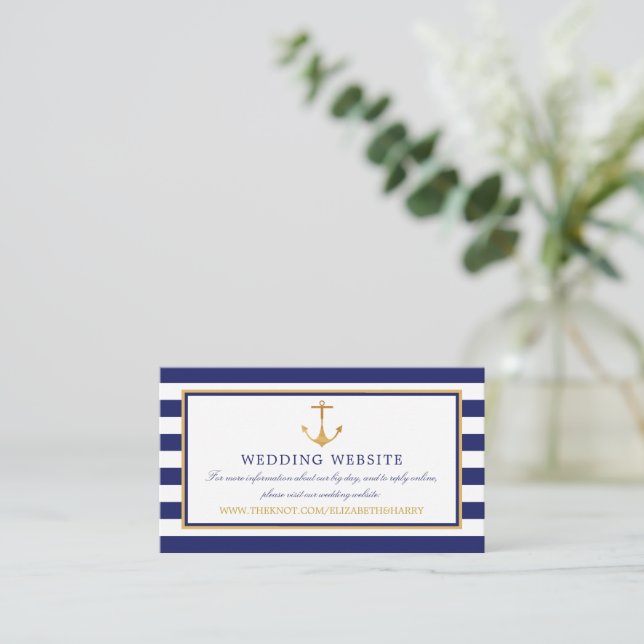 Nautical Gold Anchor, Navy & Gold Wedding Website Enclosure Card (Standing Front)