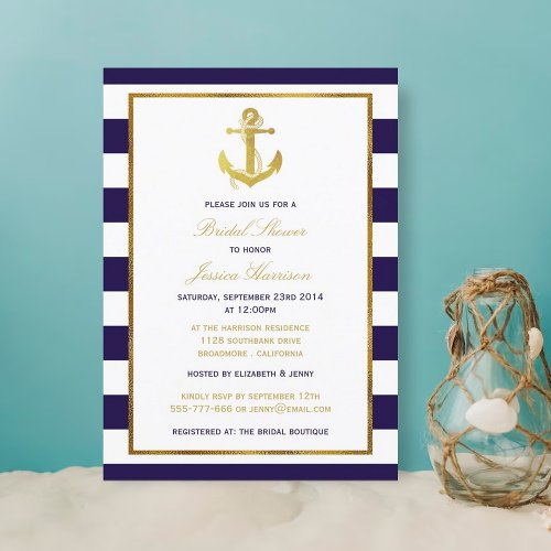 Nautical Gold Anchor Navy Stripe Bridal Shower Invitation